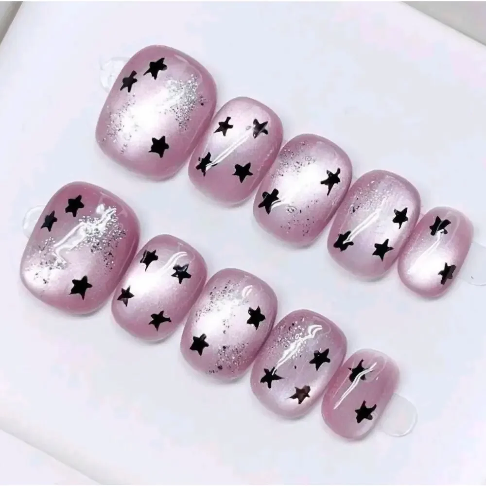 10 Handmade Press-on Nails Short Square Cat Eyed Size Large Full Set Reusable
